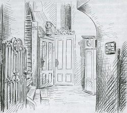 Eingang zu den Vereinsräumen im Deutschen Dom 1943, Federzeichnung von Hilde Altmann-Reich. (1896 - 1893, Mitglied seit 1943)