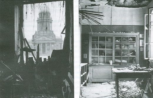 Vereinszimmer nach den ersten Lufangriffen 1943; links Sitzungszimmer mit Blick auf den Französischen Dom, rechts Zimmer im oberen Stock